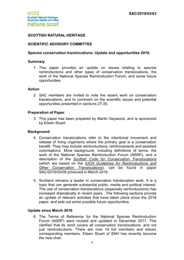 Species Conservation Translocations: Update and Opportunities 2019