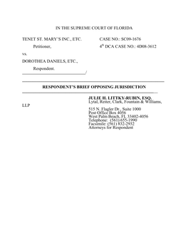 SC09-1676 Petitioner, 4 DCA CASE NO.: 4D08-3612 Vs. DO