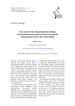 First Record of the Striped Bumblebee Shrimp Gnathophyllum Americanum (Crustacea, Decapoda, Palaemonidae) in the Cabo Verde Islands