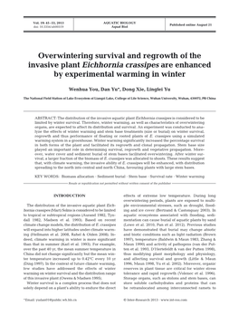 Overwintering Survival and Regrowth of the Invasive Plant Eichhornia Crassipes Are Enhanced by Experimental Warming in Winter