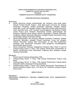 Peraturan Pemerintah Republik Indonesia (Pp) Nomor 50 Tahun 1981 (50/1981) Tentang Pembentukan Kota Administratif Tangerang