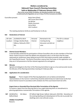 Matters Considered by Sidmouth Town Council's Planning Committee Held on Wednesday 17 February January 2021