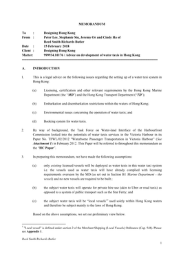 MEMORANDUM to : Designing Hong Kong from : Peter Lee, Stephanie Siu, Jeremy Or and Cindy Ha of Reed Smith Richards Butler Date