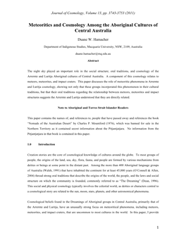 Meteoritics and Cosmology Among the Aboriginal Cultures of Central Australia