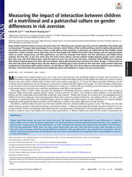 Measuring the Impact of Interaction Between Children of a Matrilineal and a Patriarchal Culture on Gender Differences in Risk Av