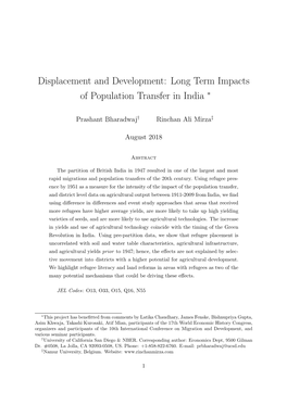 Displacement and Development: Long Term Impacts of Population Transfer in India ∗