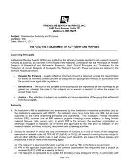 Statement of Authority and Purpose Division: IRB Date: March 1, 2012