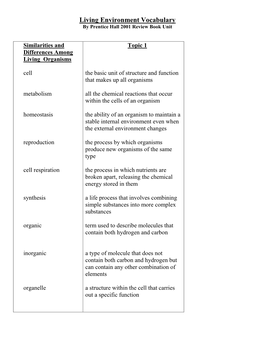 Living Environment Vocabulary by Prentice Hall 2001 Review Book Unit