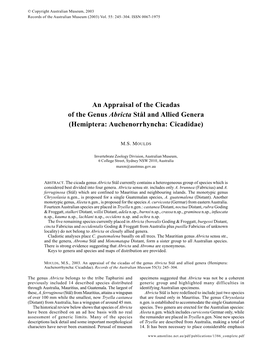An Appraisal of the Cicadas of the Genus &lt;I&gt;Abricta&lt;/I&gt; St&Aring;L and Allied Genera