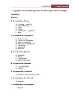 Diagnóstico Sociodemográfico Del Municipio De Otzolotepec