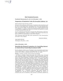 Suspension of Limitations Under the Jerusalem Embassy Act Regarding the Proposed Acquisition of a Controlling Interest in Aixtro