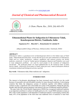 Ethnomedicinal Plants for Indigestion in Uthiramerur Taluk, Kancheepuram District, Tamilnadu, India