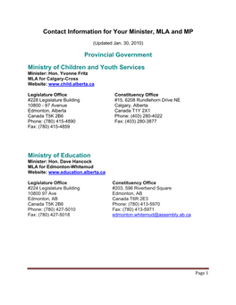 Contact Information for Your Minister, MLA and MP