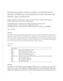 Dysregulated Immune System Secondary to Novel Heterozygous Mutation of CIITA Gene Presenting with Recurrent Infections and Syste