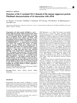 Structure of the C-Terminal MA-3 Domain of the Tumour Suppressor Protein Pdcd4and Characterization of Its Interaction with Eif4a