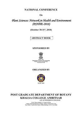 Plant Sciences: Network in Health and Environment (PSNHE-2018) NATIONAL CONFERENCE