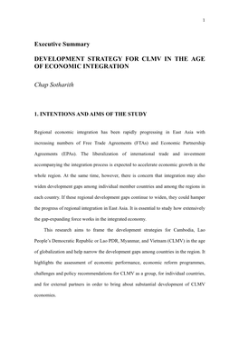 Executive Summary DEVELOPMENT STRATEGY for CLMV in THE