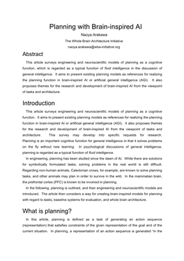 Planning with Brain-Inspired AI Naoya Arakawa the Whole Brain Architecture Initiative Naoya.Arakawa@Wba-Initiative.Org Abstract