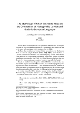 The Etymology of Uriah the Hittite Based on the Comparison of Hieroglyphic Luwian and the Indo-European Languages