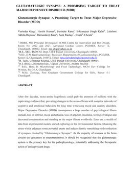 Glutamatergic Synapse: a Promising Target to Treat Major Depressive Disorder (Mdd)