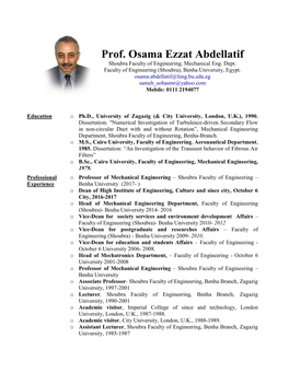 Prof. Osama Ezzat Abdellatif Shoubra Faculty of Engineering, Mechanical Eng