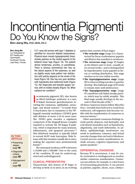 Incontinentia Pigmenti Do You Know the Signs? Ben-Jiang Ma, Phd, MHS, PA-C