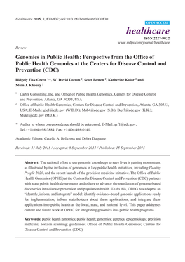Genomics in Public Health: Perspective from the Office of Public Health Genomics at the Centers for Disease Control and Prevention (CDC)