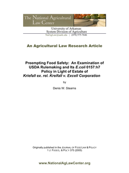 An Agricultural Law Research Article Preempting Food Safety: an Examination of USDA Rulemaking and Its E.Coli 0157:H7 Policy In