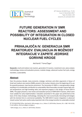 Future Generation Iv Smr Reactors: Assessment and Possibility of Integration in Closed Nuclear Fuel Cycles