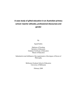 A Case Study of Gifted Education in an Australian Primary School: Teacher Attitudes, Professional Discourses and Gender