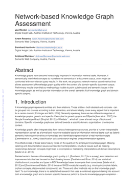 Network-Based Knowledge Graph Assessment Jan Rörden Jan.Roerden@Ait.Ac.At Digital Insight Lab, Austrian Institute of Technology, Vienna, Austria