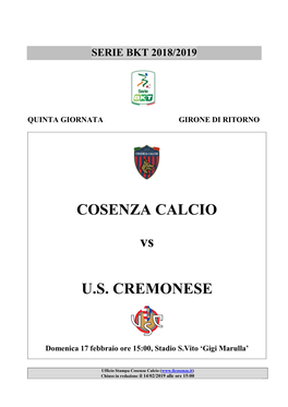 COSENZA CALCIO Vs U.S. CREMONESE