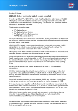 AFL NSW/ACT STATEMENT 2021 AFL Sydney Community Football