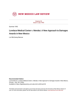 Lovelace Medical Center V. Mendez: a New Approach to Damages Awards in New Mexico