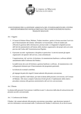 Convenzione Per La Gestione Associata Del Funzionamento Del Centro Servizi Informatico Sovracomunale Tra I Comuni Di Induno Olona Tradate Malnate