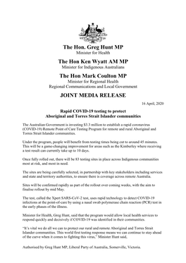 The Hon. Greg Hunt MP the Hon Ken Wyatt AM MP the Hon Mark