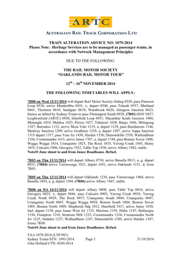 TRAIN ALTERATION ADVICE NO: 1079-2014 Please Note: Heritage Services Are to Be Managed As Passenger Trains, in Accordance with Network Management Principles