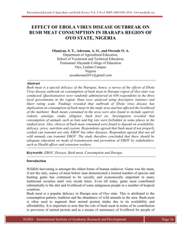 Effect of Ebola Virus Disease Outbreak on Bush Meat Consumption in Ibarapa Region of Oyo State, Nigeria