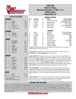 2019-20 SCHEDULE PROBABLE STARTERS NOVEMBER Pos Ht/Wt/Yr # Name LAST GAME Fri
