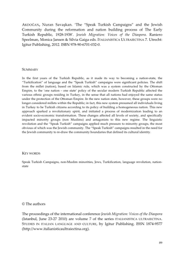 The “Speak Turkish Campaigns” and the Jewish Community During the Reformation and Nation Building Process of the Early Turkish Republic, 1928‐1938’