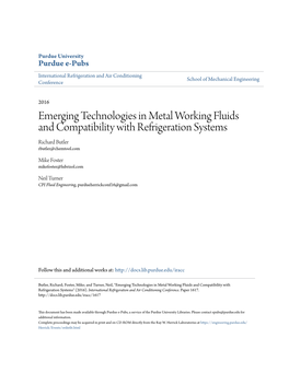 Emerging Technologies in Metal Working Fluids and Compatibility with Refrigeration Systems Richard Butler Rbutler@Chemtool.Com