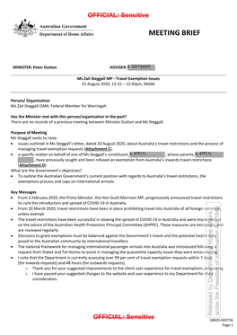 Meeting Brief for Minister Peter Dutton, Meeting with Ms Zali