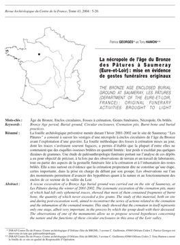 La Nécropole De L'âge Du Bronze Des Pâtures À Saumeray (Eure-Et-Loir