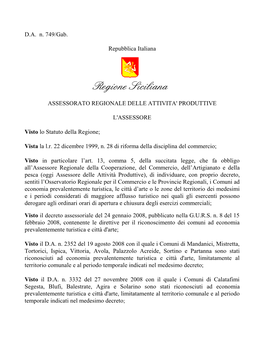 Decreto Assessoriale N. 749 Del 30 Marzo 2012