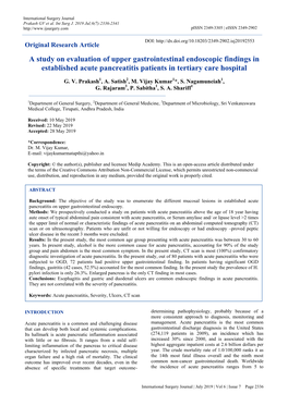 A Study on Evaluation of Upper Gastrointestinal Endoscopic Findings in Established Acute Pancreatitis Patients in Tertiary Care Hospital