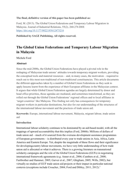 The Global Union Federations and Temporary Labour Migration in Malaysia