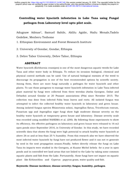 Controlling Water Hyacinth Infestation in Lake Tana Using Fungal Pathogen from Laboratory Level Upto Pilot Scale
