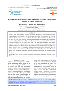 Acute and Sub Acute Toxicity Study of Ethanolic Extract of Plakobranchus Ocellatus on Female Wistar Rats