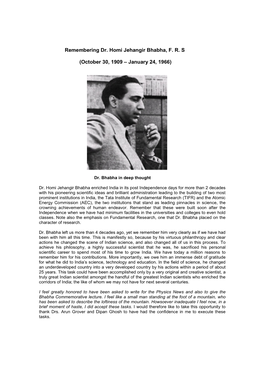 Remembering Dr. Homi Jehangir Bhabha, FR S (October 30