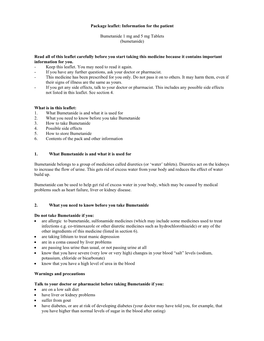 Package Leaflet: Information for the Patient Bumetanide 1 Mg and 5 Mg Tablets (Bumetanide) Read All of This Leaflet Carefully Be